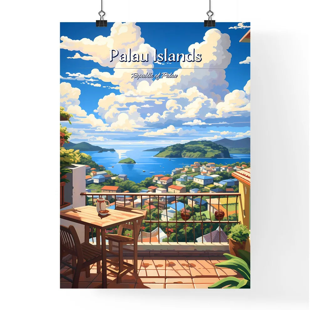 On the roofs of Palau Islands, Republic of Palau - Art print of a balcony overlooking a body of water and a city Poster