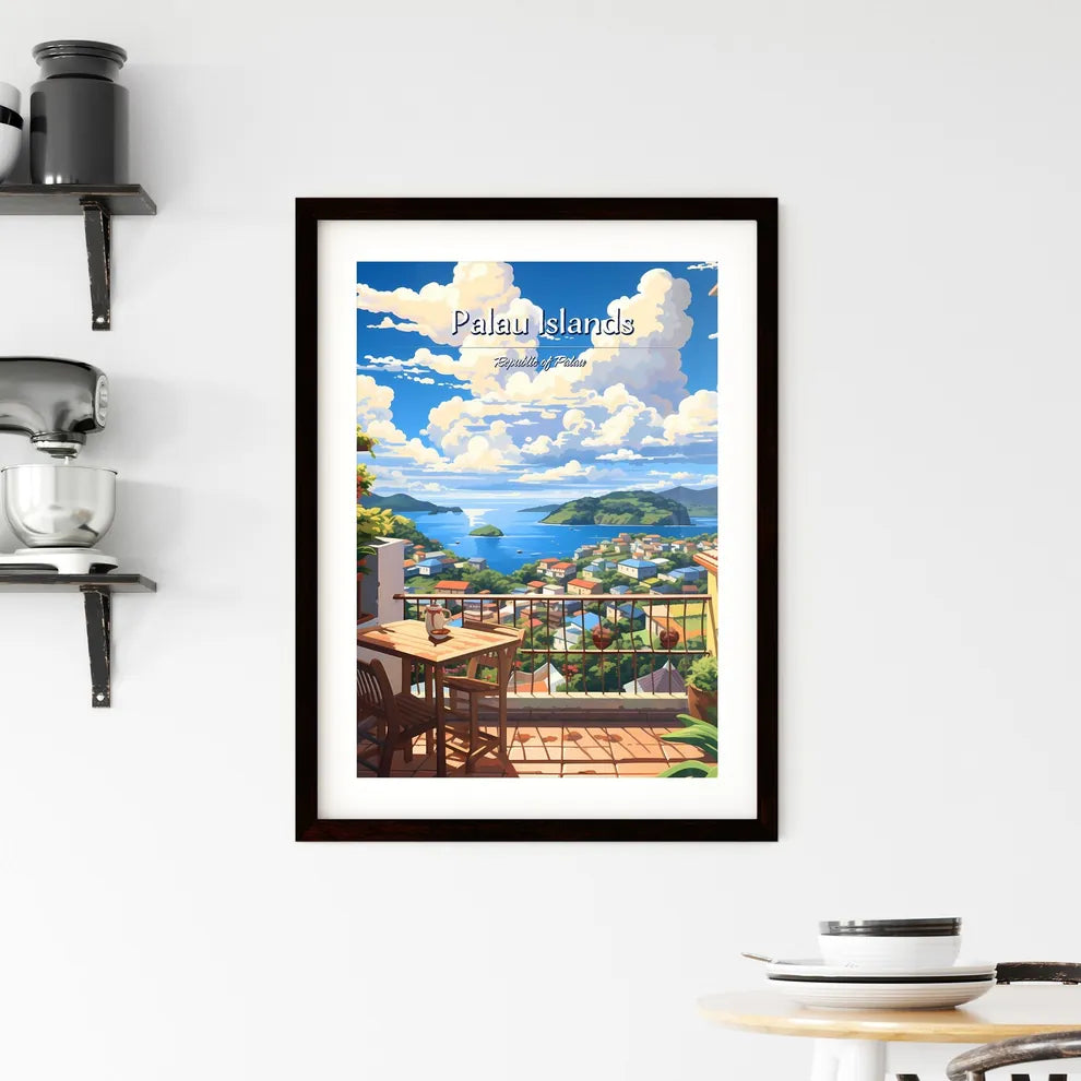 On the roofs of Palau Islands, Republic of Palau - Art print of a balcony overlooking a body of water and a city Custom Print