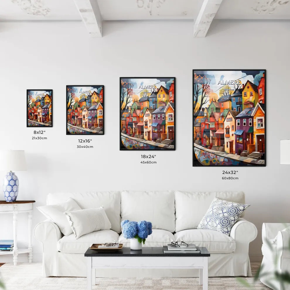 Almere, Netherlands - Art print of a painting of a row of colorful houses Size Chart