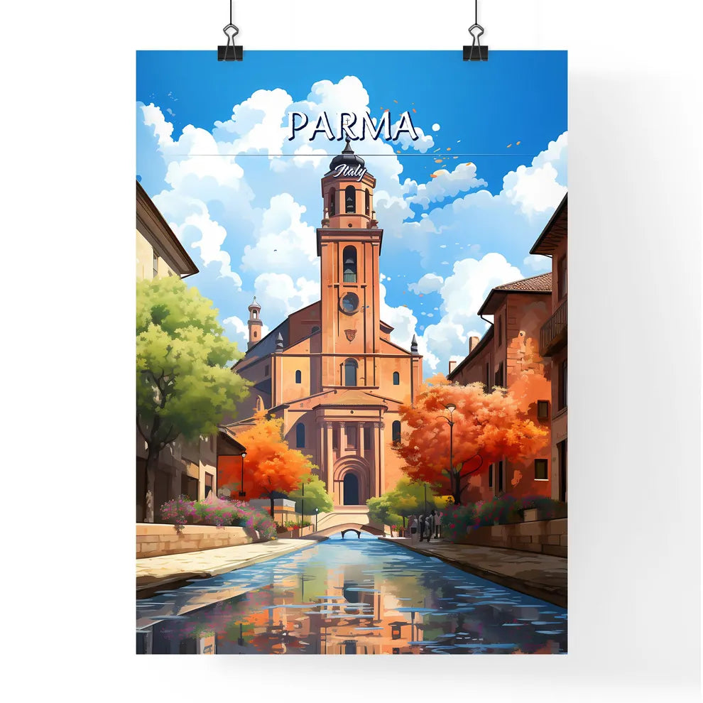Parma, Italy - Art print of a canal with a building and trees Poster