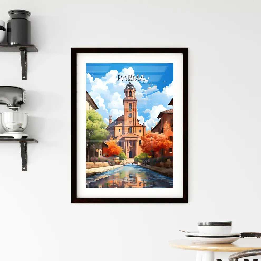 Parma, Italy - Art print of a canal with a building and trees Custom Print