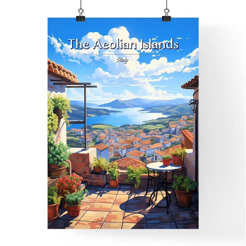 On the roofs of The Aeolian Islands, Italy - Art print of a view of a city from a balcony Poster