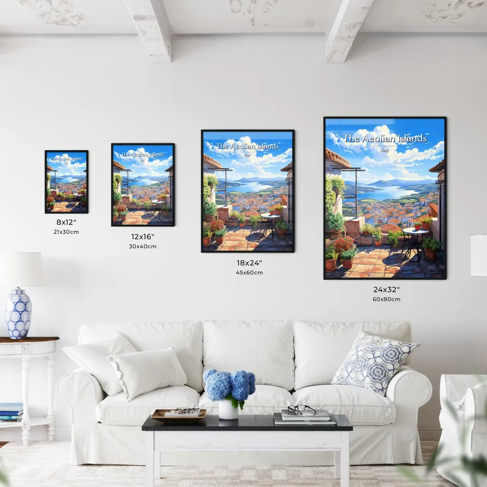On the roofs of The Aeolian Islands, Italy - Art print of a view of a city from a balcony Size Chart