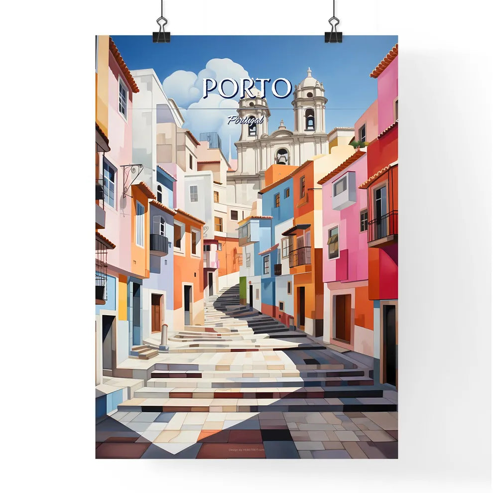 Porto, Portugal - Art print of a colorful alleyway with a church in the background Poster