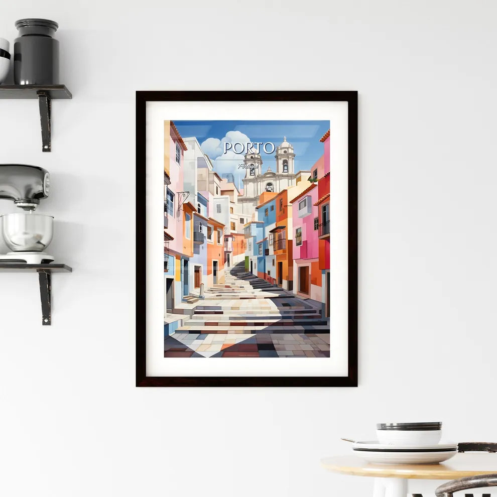 Porto, Portugal - Art print of a colorful alleyway with a church in the background Custom Print
