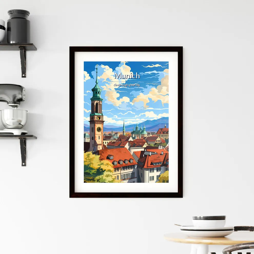 On the roofs of Munich - Art print of a tower with a clock on top of a building Custom Print