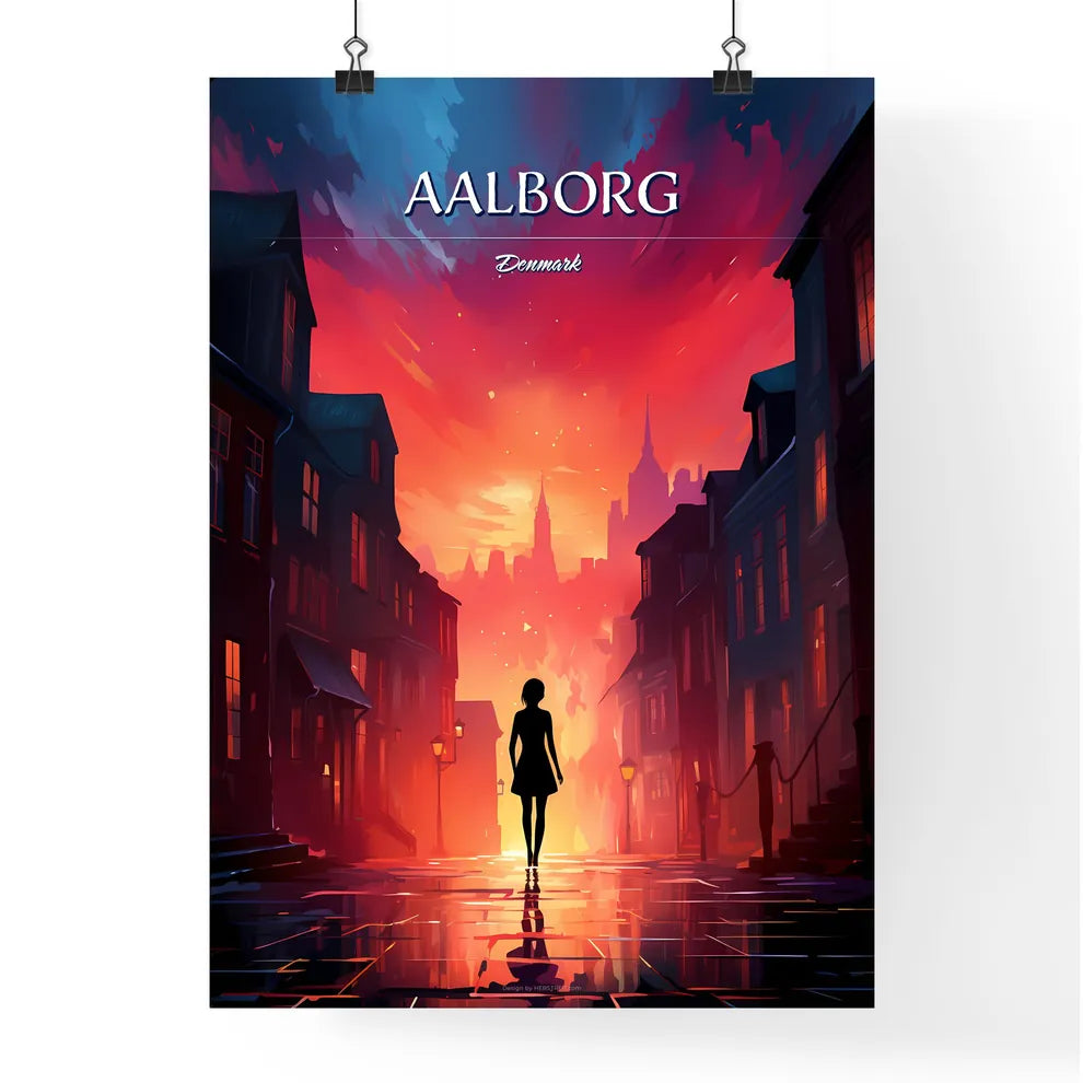 Aalborg, Denmark - Art print of a woman walking in a street with buildings and a red sky Poster