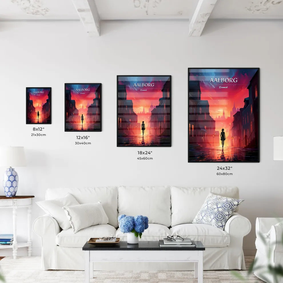 Aalborg, Denmark - Art print of a woman walking in a street with buildings and a red sky Size Chart