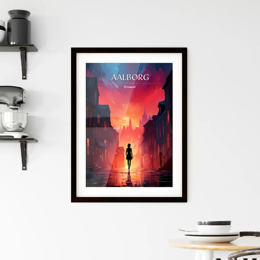 Aalborg, Denmark - Art print of a woman walking in a street with buildings and a red sky Custom Print