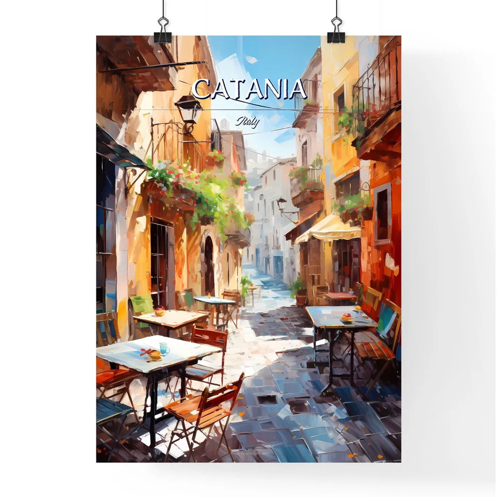Catania, Italy - Art print of a painting of a street with tables and chairs Poster