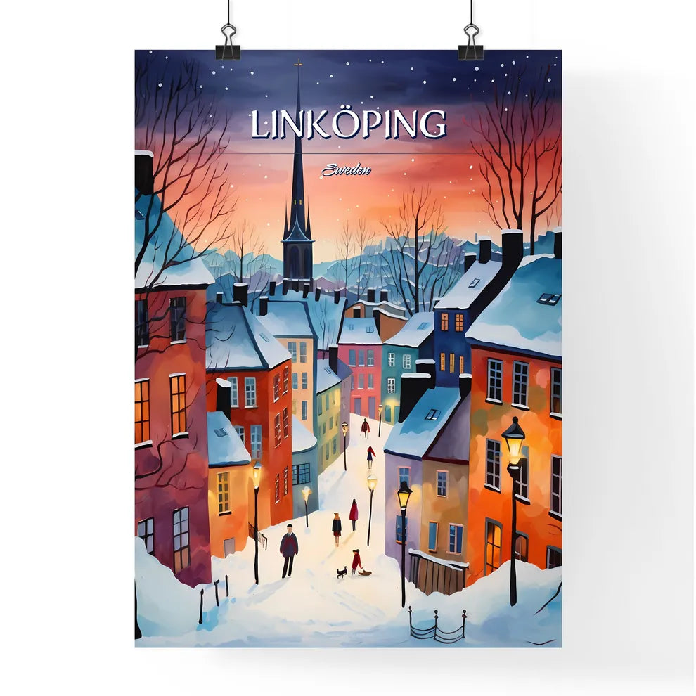 Linköping, Sweden, - Art print of a painting of a snowy city Poster