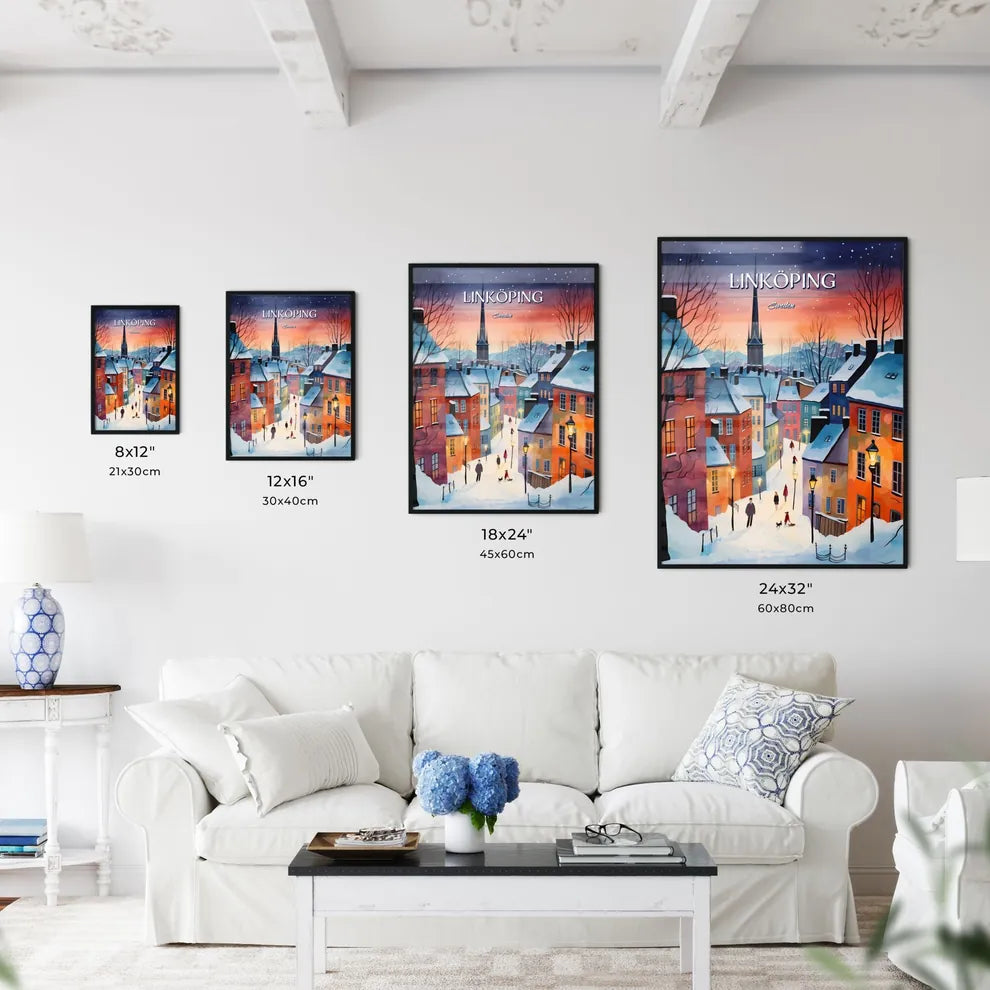 Linköping, Sweden, - Art print of a painting of a snowy city Size Chart