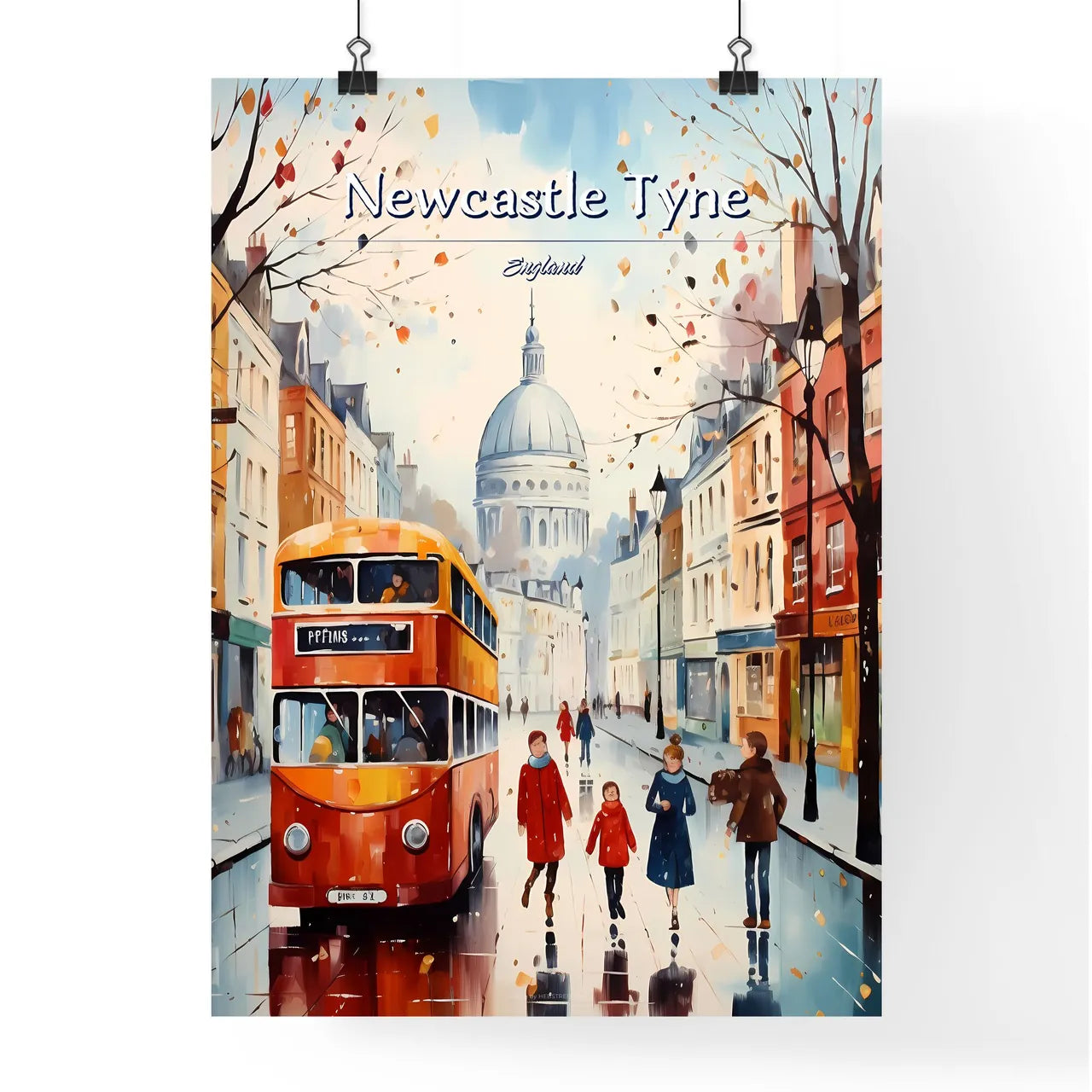 Newcastle upon Tyne, England - Art print of a painting of people walking on a street with a bus and people walking Poster