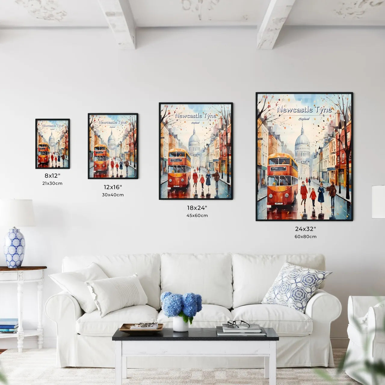 Newcastle upon Tyne, England - Art print of a painting of people walking on a street with a bus and people walking Size Chart