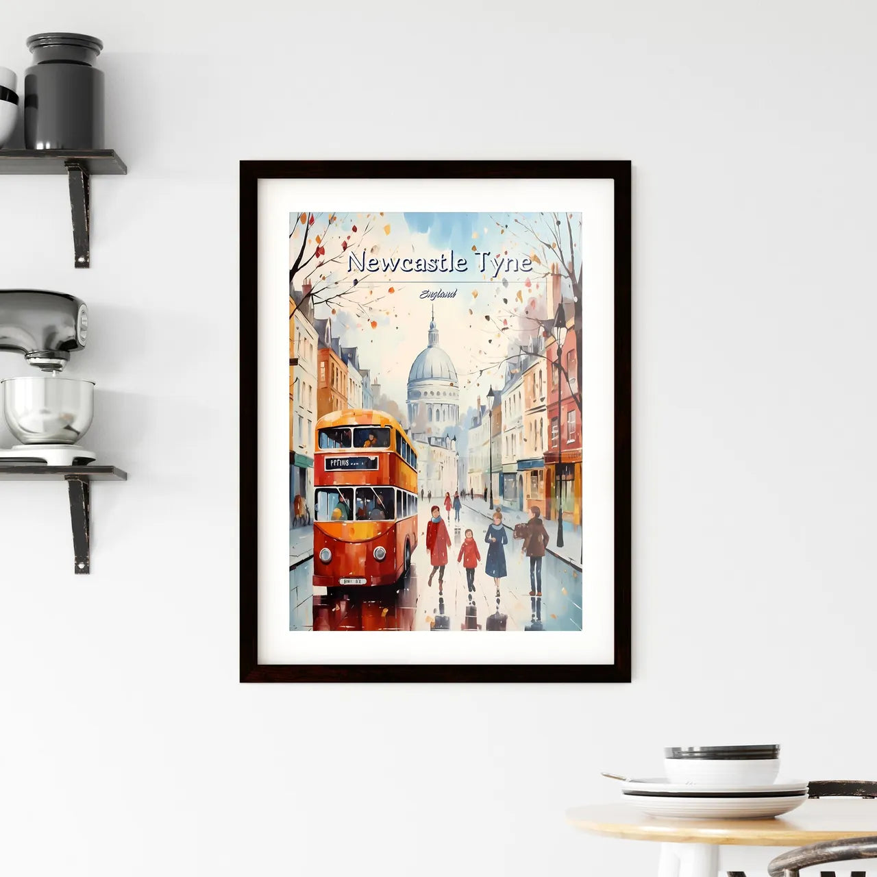 Newcastle upon Tyne, England - Art print of a painting of people walking on a street with a bus and people walking Custom Print