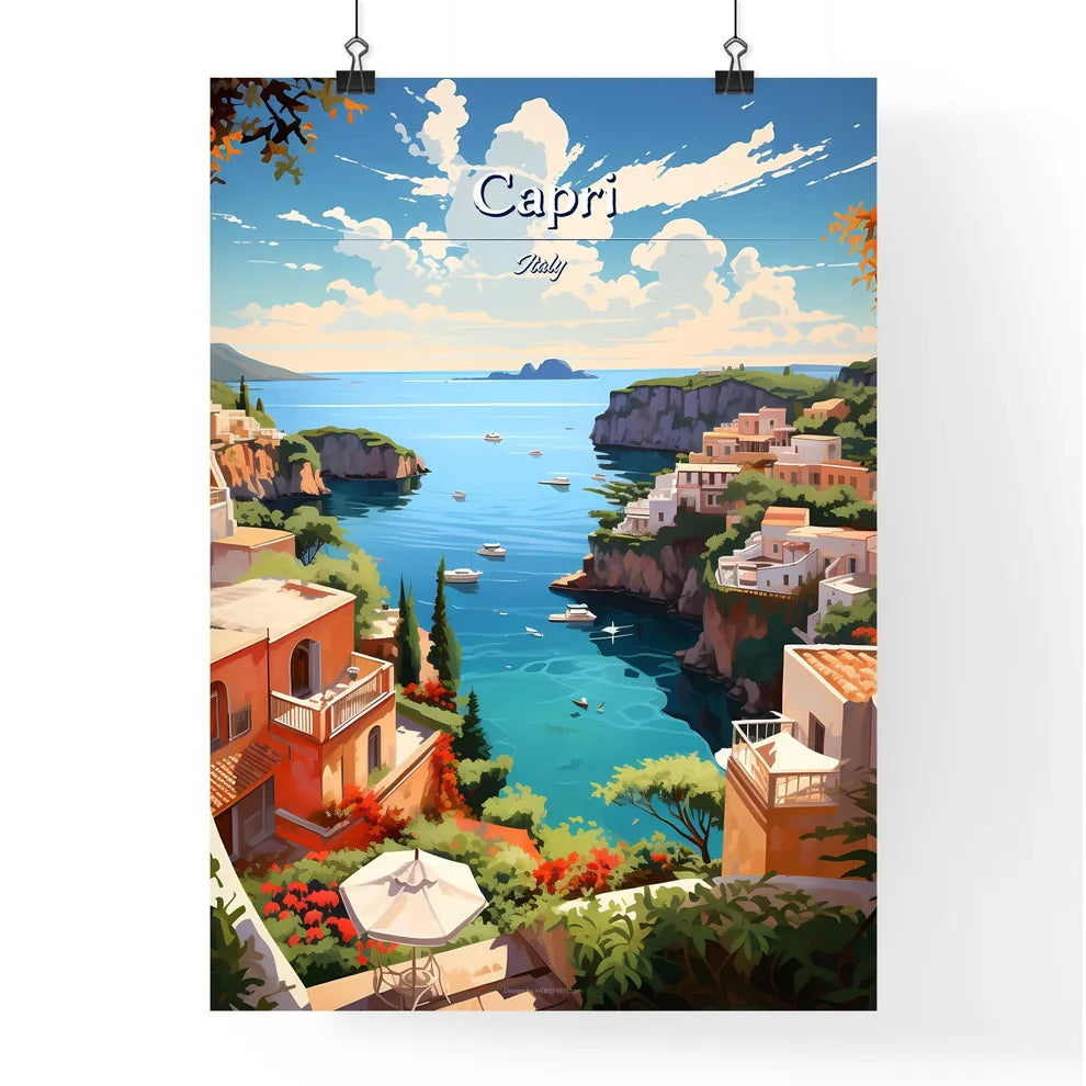 Capri, Italy - Art print of a painting of a town on a cliff above a body of water Poster