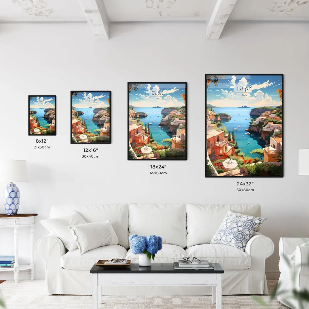 Capri, Italy - Art print of a painting of a town on a cliff above a body of water Size Chart