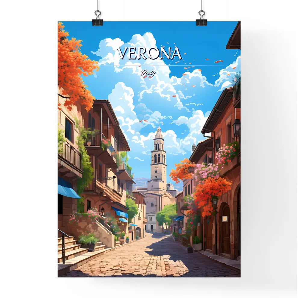 Verona, Italy - Art print of a street with buildings and a tower Poster