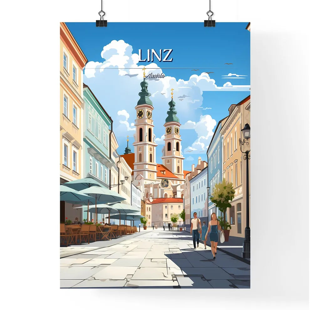 Linz, Austria - Art print of a street with a clock tower and people walking down it Poster
