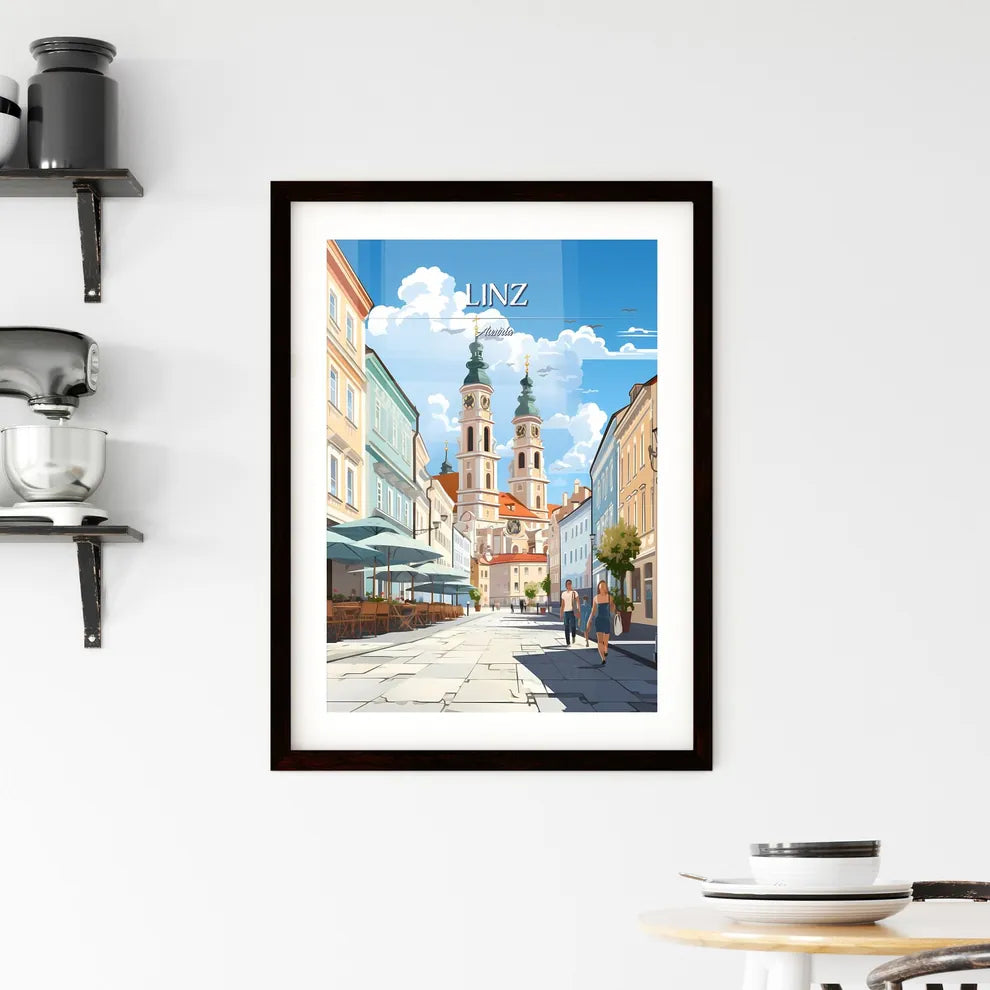 Linz, Austria - Art print of a street with a clock tower and people walking down it Custom Print