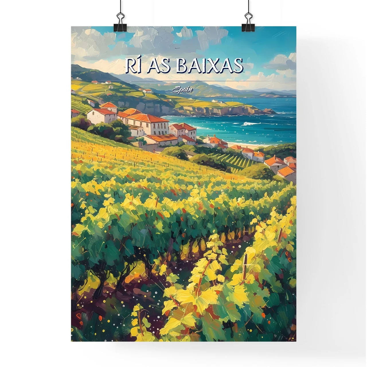 Rí­as Baixas, Spain - Art print of a vineyard with houses and a body of water Poster