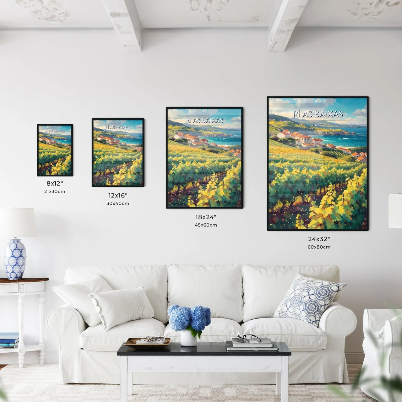 Rí­as Baixas, Spain - Art print of a vineyard with houses and a body of water Size Chart