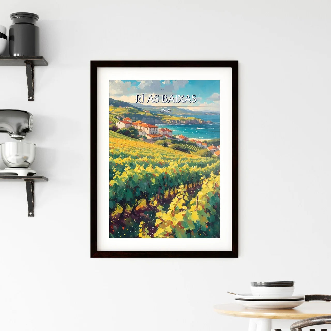 Rí­as Baixas, Spain - Art print of a vineyard with houses and a body of water Custom Print