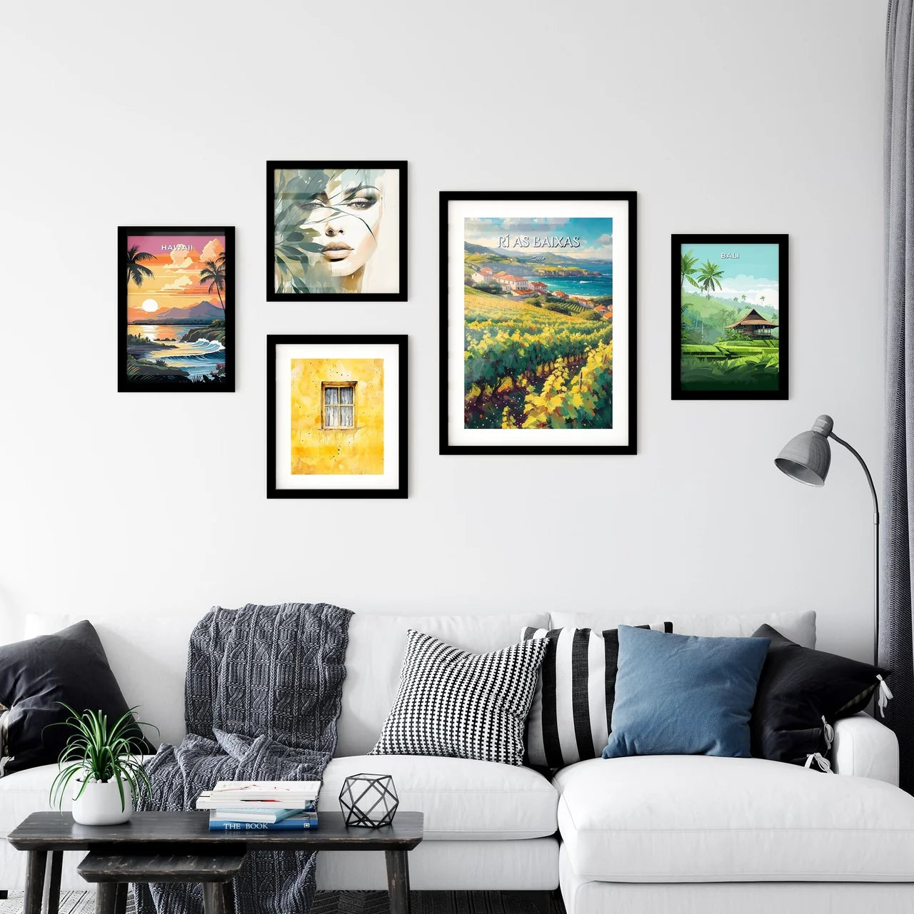 Rí­as Baixas, Spain - Art print of a vineyard with houses and a body of water Interior Design