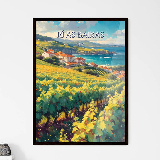 Rí­as Baixas, Spain - Art print of a vineyard with houses and a body of water Framed Art