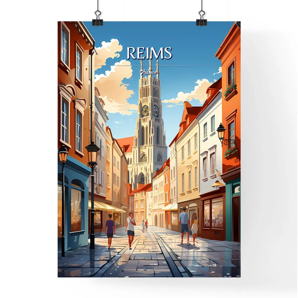 Reims, France - Art print of a street with buildings and a clock tower Poster