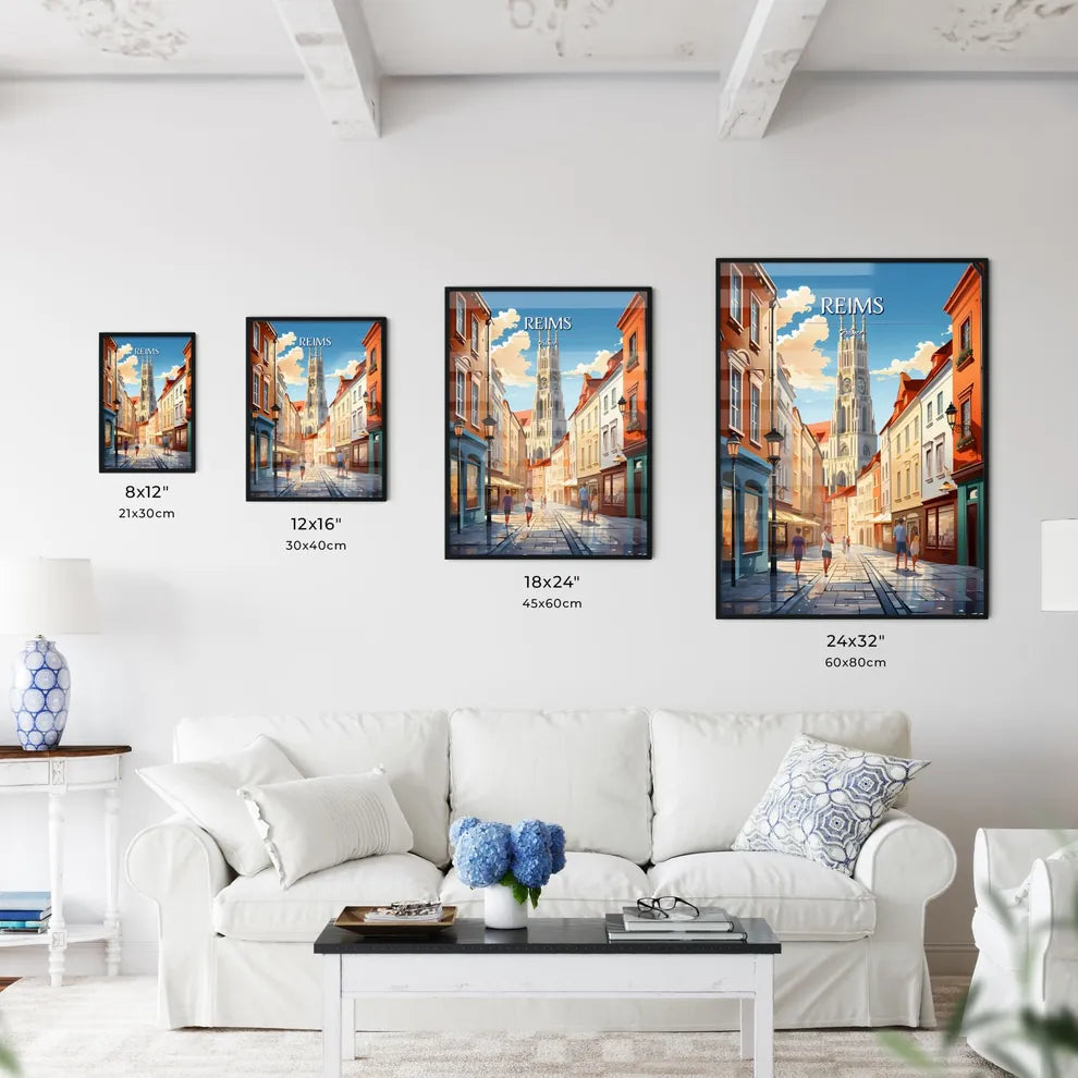Reims, France - Art print of a street with buildings and a clock tower Size Chart