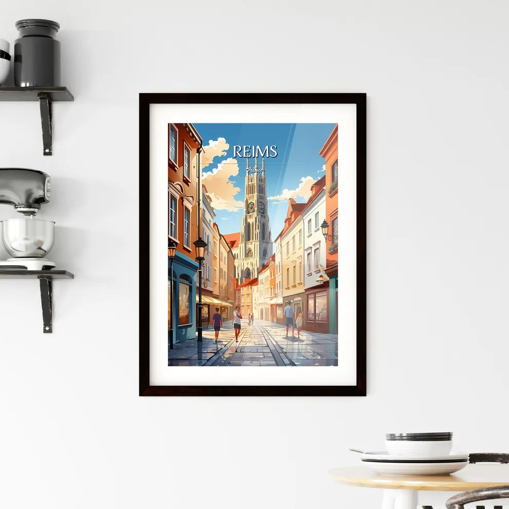 Reims, France - Art print of a street with buildings and a clock tower Custom Print