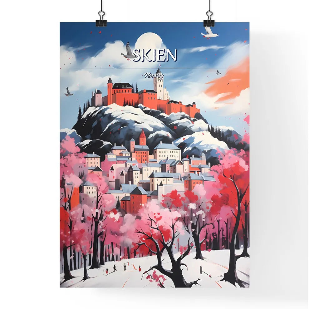 Skien, Norway - Art print of a painting of a castle on a hill with trees and a blue sky Poster