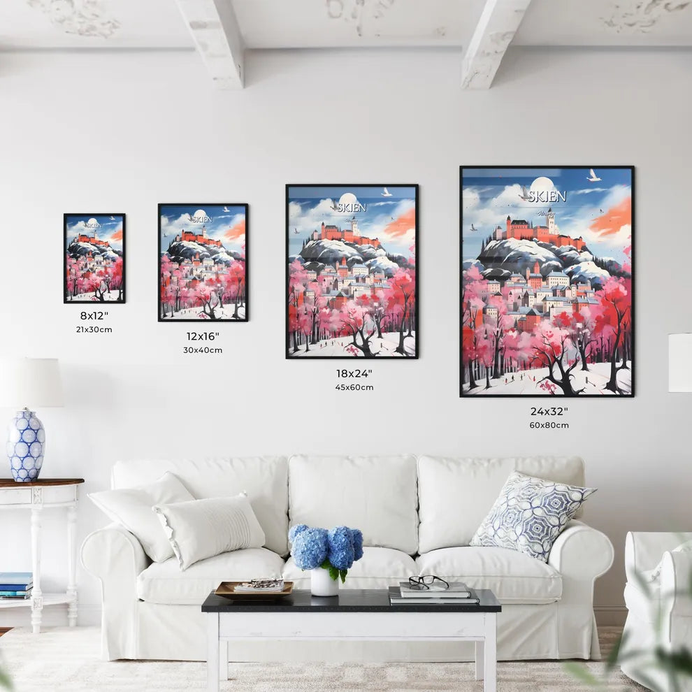 Skien, Norway - Art print of a painting of a castle on a hill with trees and a blue sky Size Chart