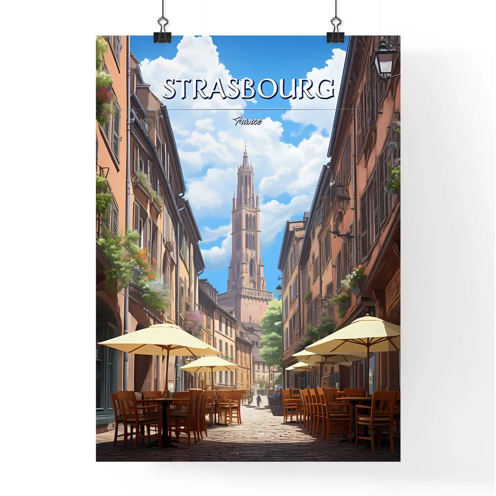 Strasbourg, France - Art print of a street with tables and umbrellas in a city Poster