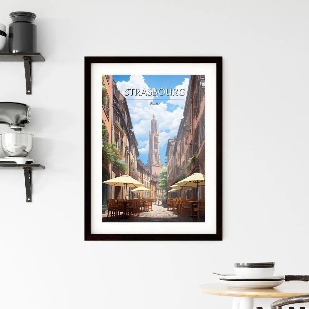 Strasbourg, France - Art print of a street with tables and umbrellas in a city Custom Print