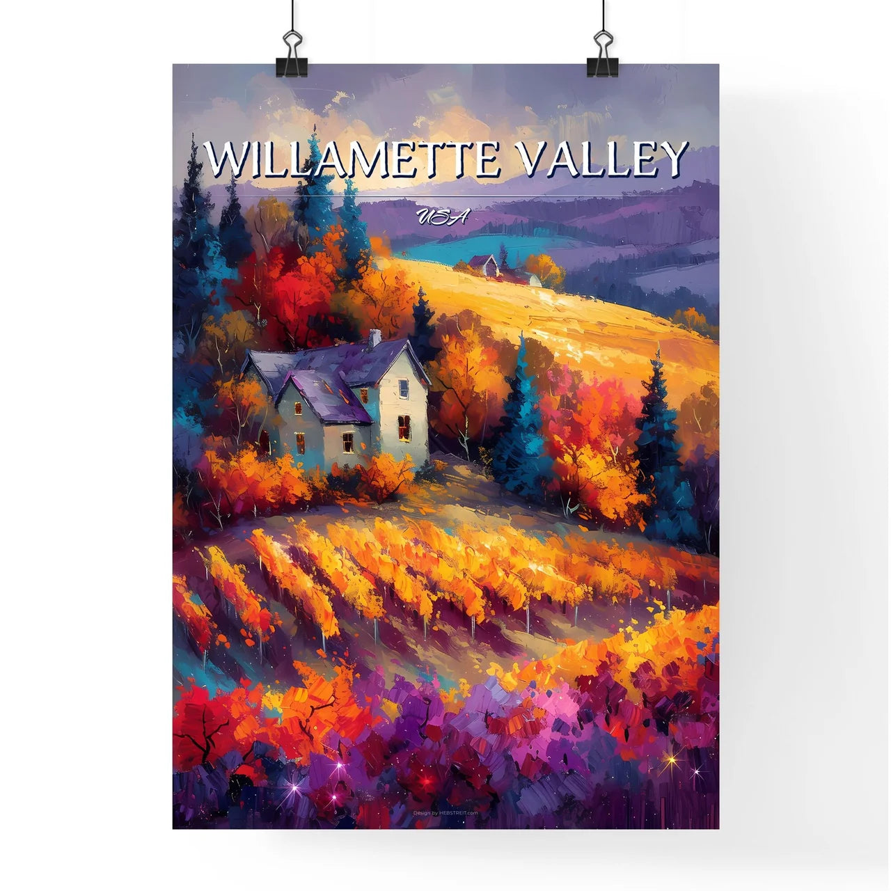 Willamette Valley, USA - Art print of a house in a vineyard Poster