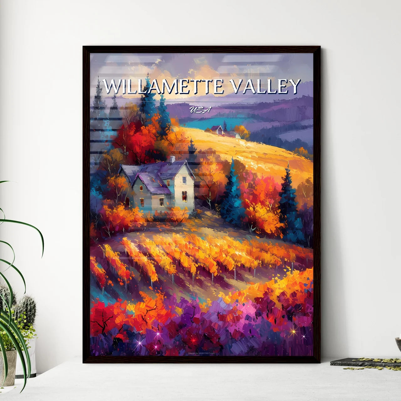Willamette Valley, USA - Art print of a house in a vineyard Framed Art