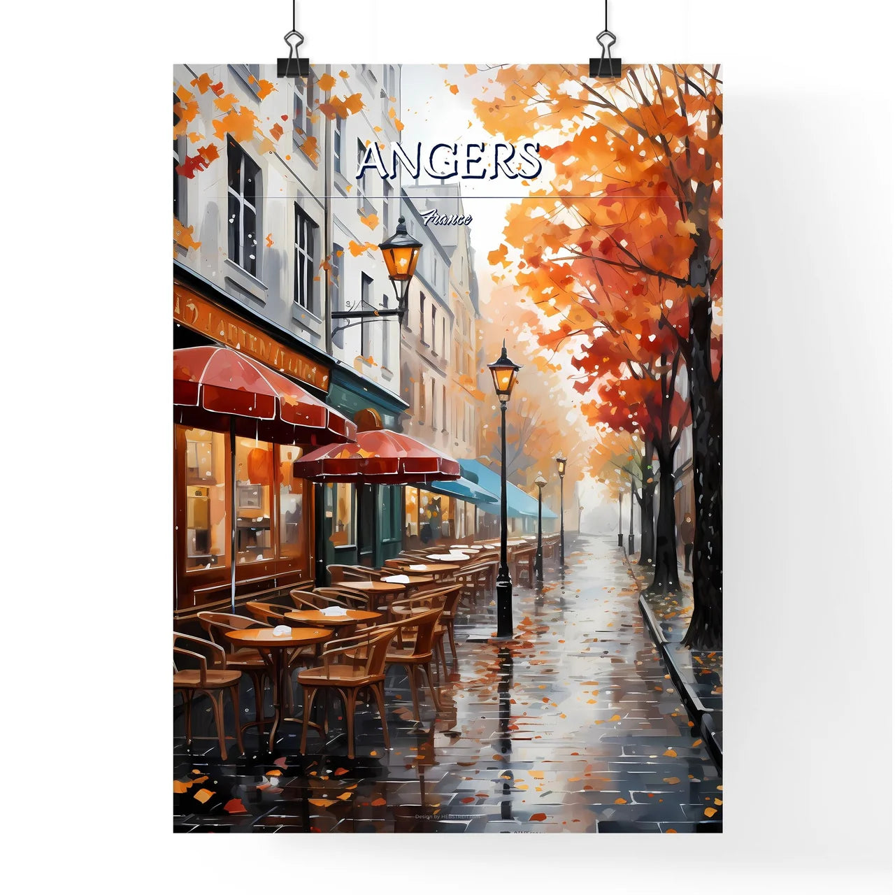 Angers, France - Art print of a street with tables and umbrellas on it Poster