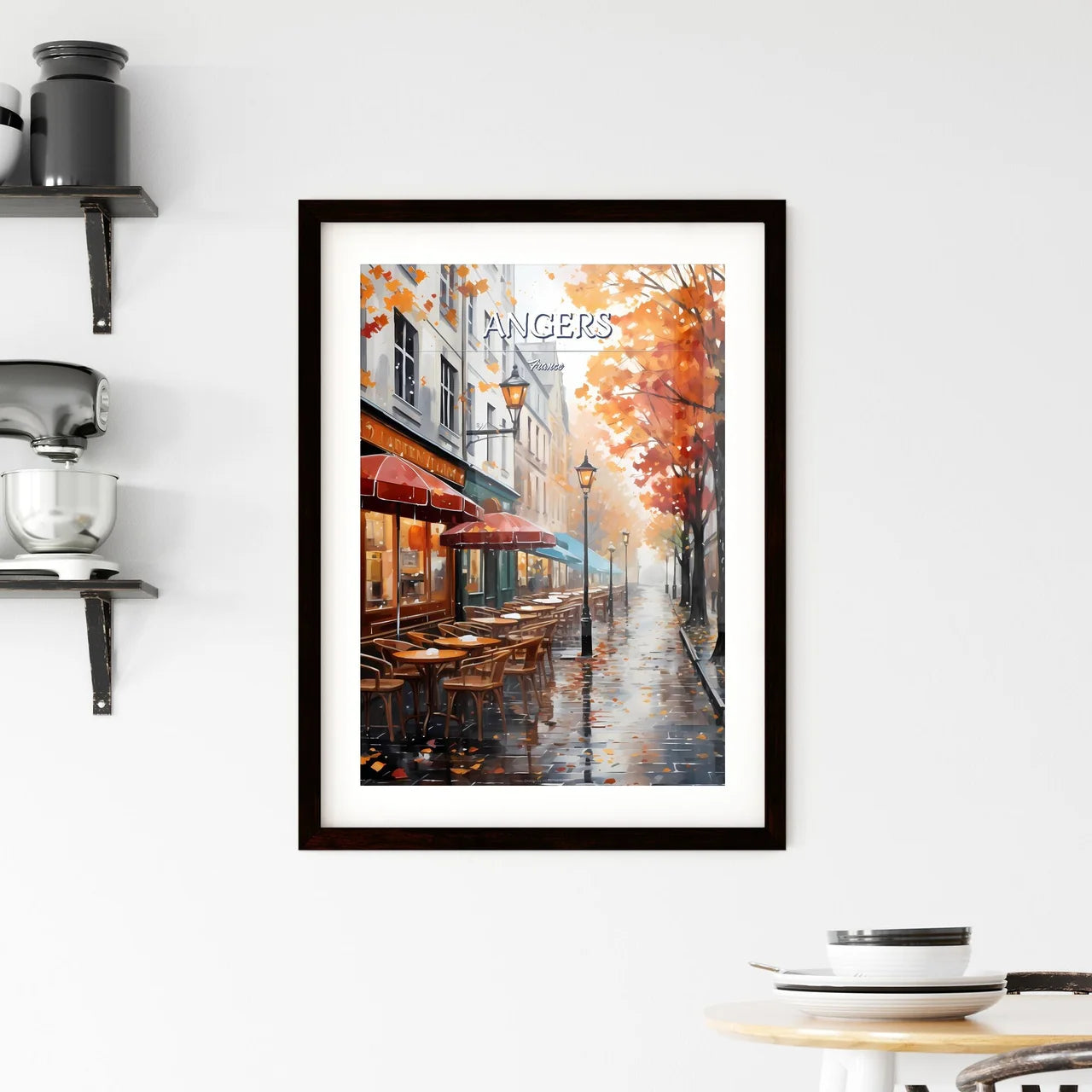 Angers, France - Art print of a street with tables and umbrellas on it Custom Print