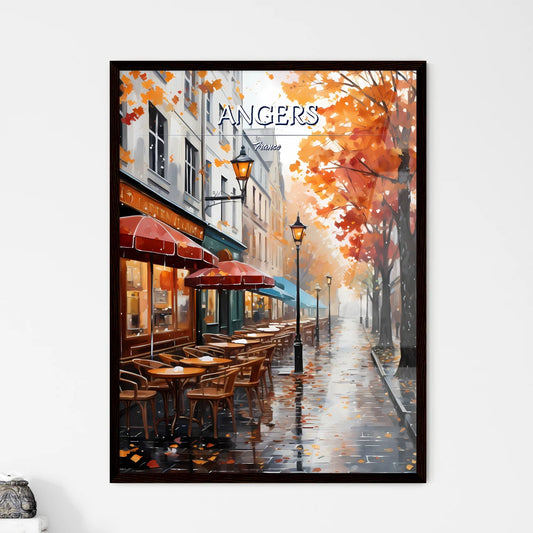 Angers, France - Art print of a street with tables and umbrellas on it Framed Art