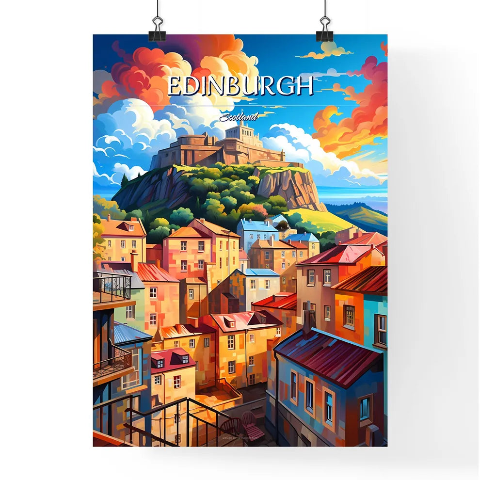 Edinburgh, Scotland - Art print of a colorful city with a castle on top of a hill Poster