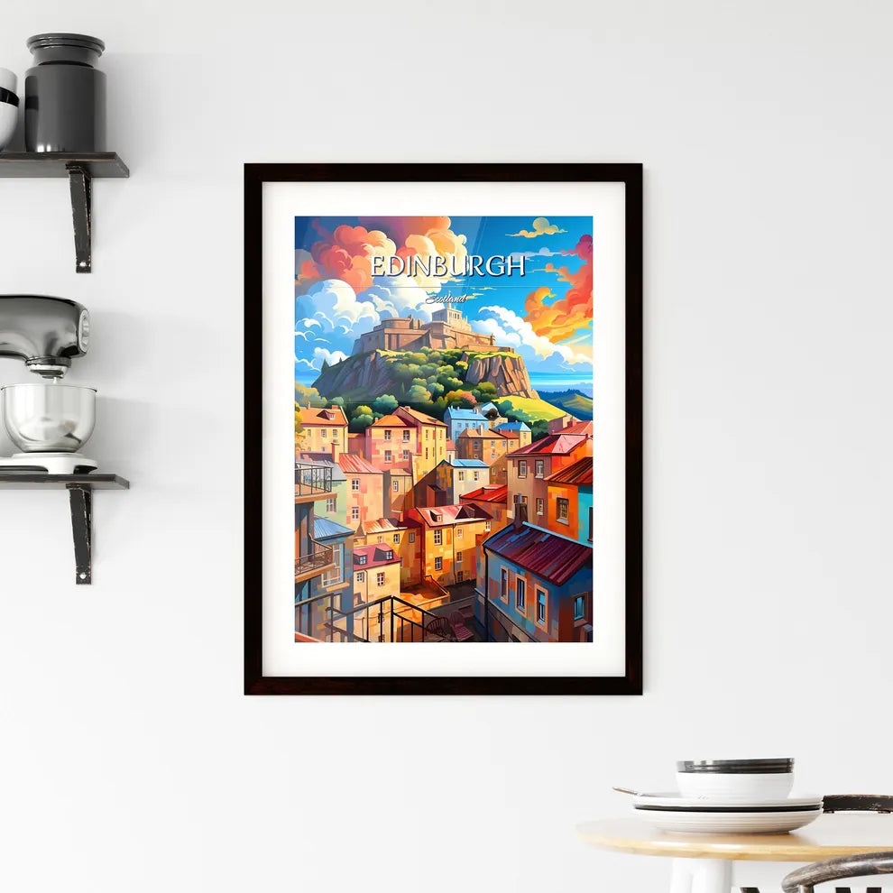 Edinburgh, Scotland - Art print of a colorful city with a castle on top of a hill Custom Print
