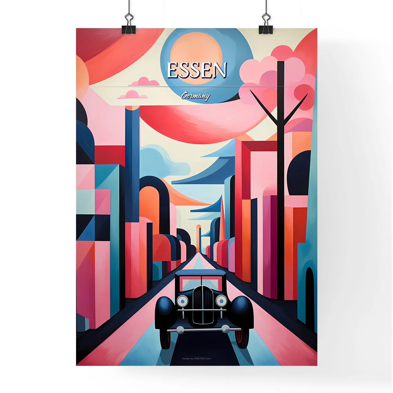 Essen, Germany - Art print of a painting of a car driving through a city Poster