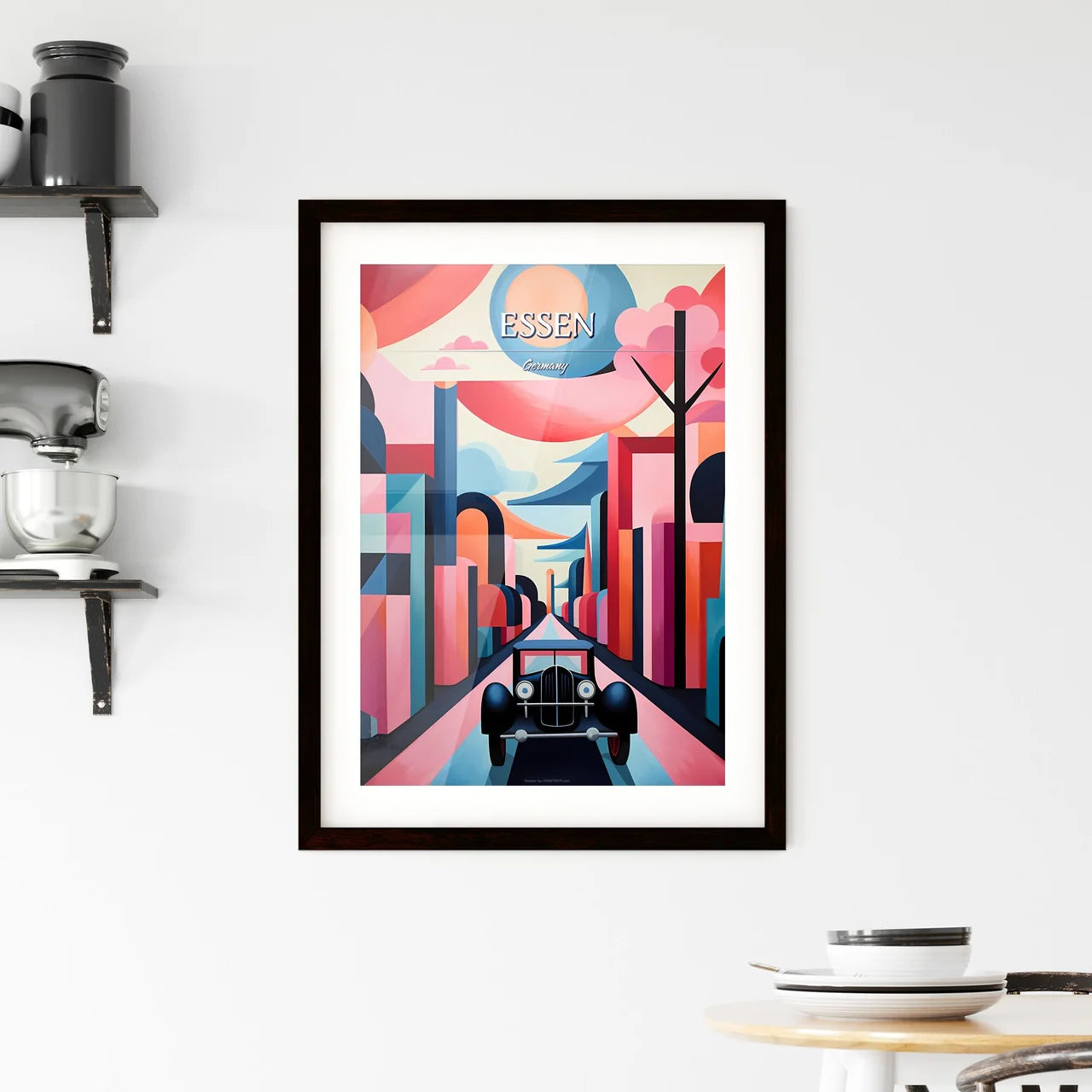 Essen, Germany - Art print of a painting of a car driving through a city Custom Print