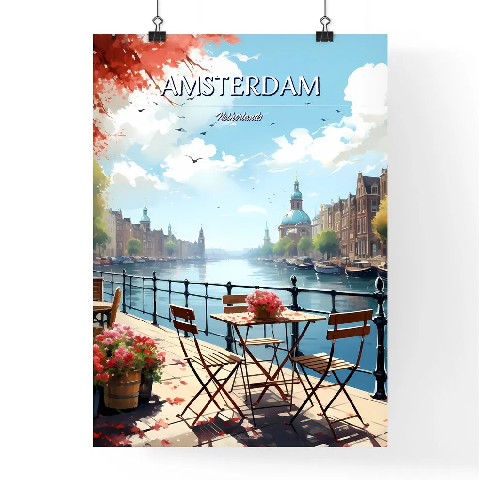 Amsterdam, Netherlands - Art print of a river with tables and chairs on it Poster