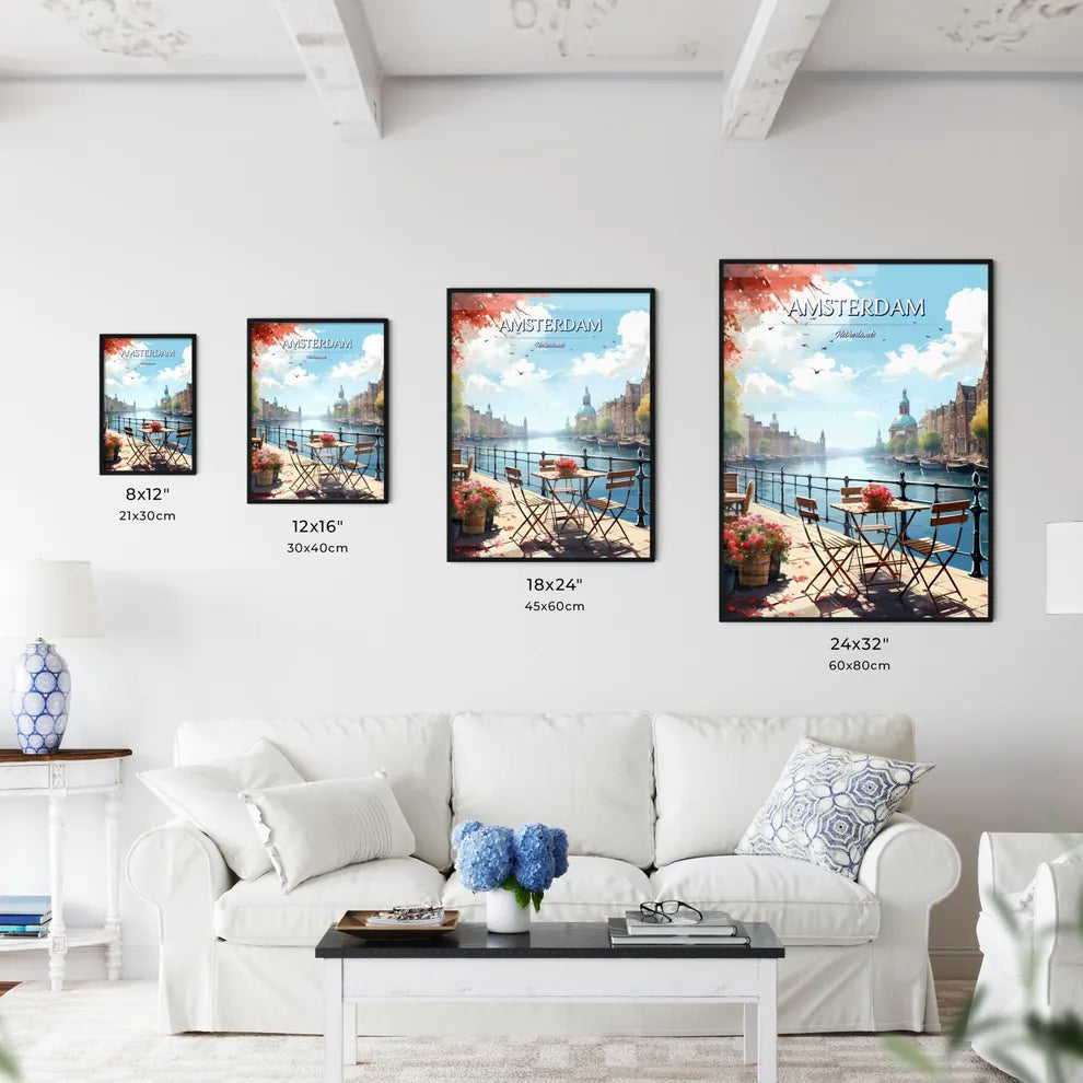 Amsterdam, Netherlands - Art print of a river with tables and chairs on it Size Chart