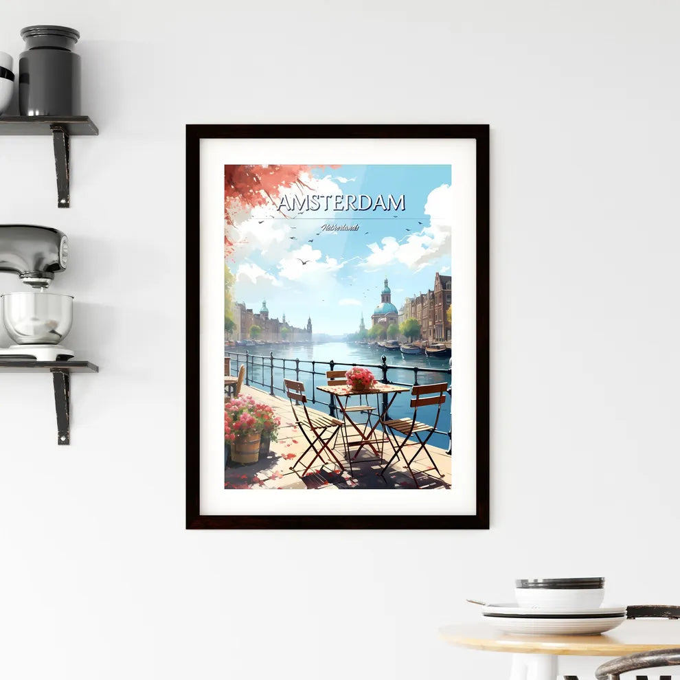 Amsterdam, Netherlands - Art print of a river with tables and chairs on it Custom Print