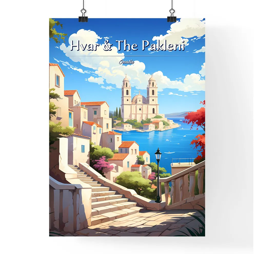 Hvar & The Pakleni Islands, Croatia - Art print of a stairway leading to a town with a church and water Poster