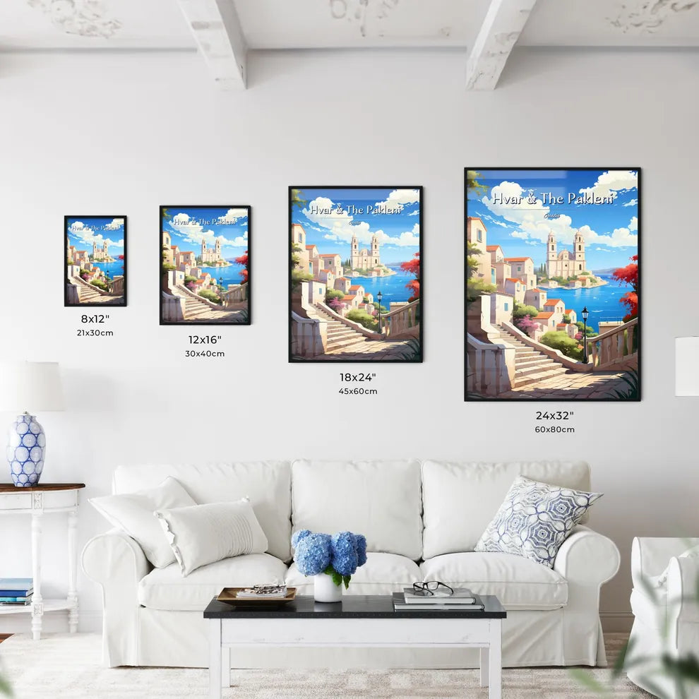 Hvar & The Pakleni Islands, Croatia - Art print of a stairway leading to a town with a church and water Size Chart